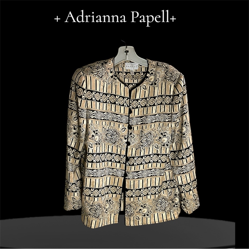 Adrianna Papell Black Gold & Cream Embellished 
Silk Long Sleeve Jacket Sz 10.
